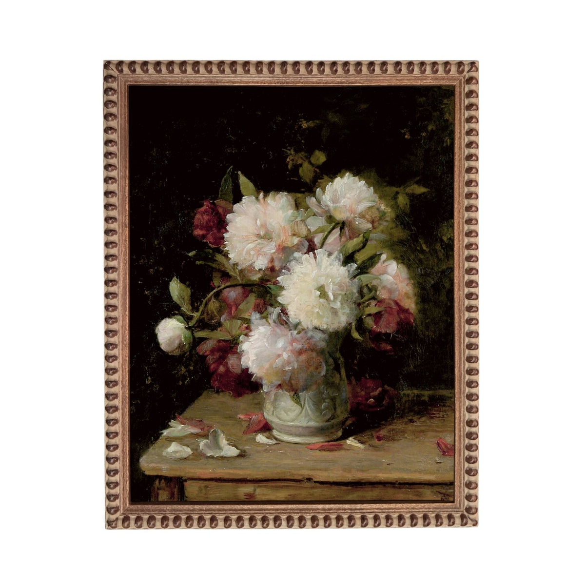 A framed painting depicting a bouquet of white and pink flowers in a vase, set against a dark background.
