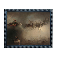 A painting depicting a man riding a sleigh pulled by reindeer, flying over a cityscape.