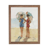 Two women standing on a beach, each holding an umbrella.