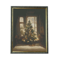 A large, beautifully decorated Christmas tree stands in a dimly lit room, with a window in the background allowing natural light to illuminate the tree.
