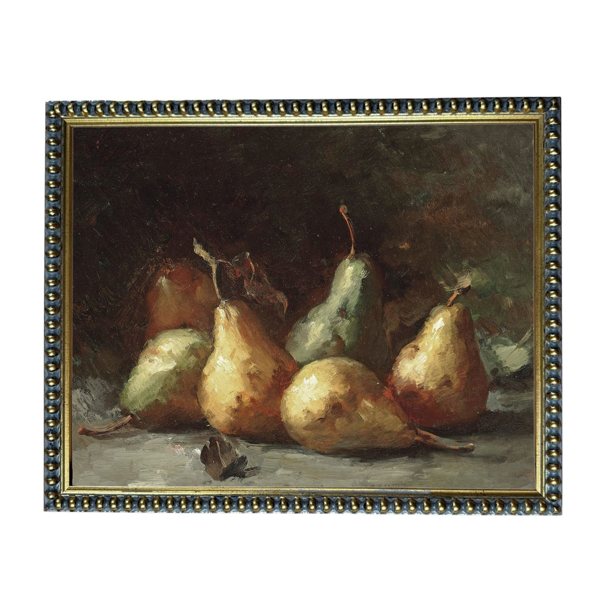 The image is a painting of several pears arranged on a surface, with a dark background.