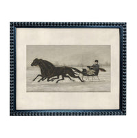 A black and white image of a man riding a horse-drawn sleigh through a snowy landscape.