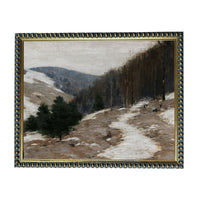 The image is a painting depicting a snowy mountain landscape with a winding path leading through the scene.