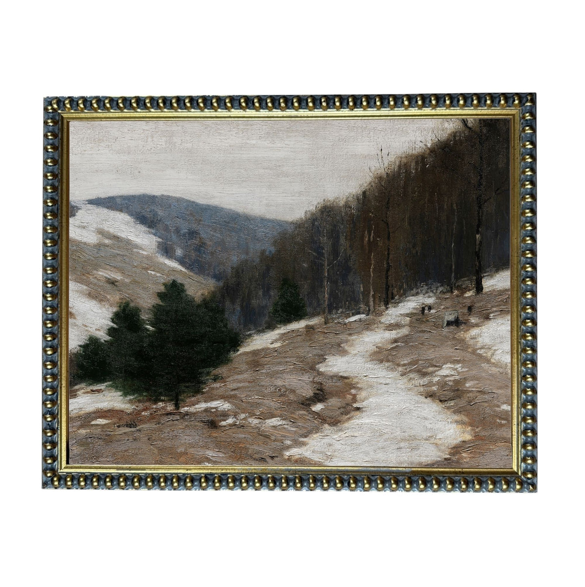The image is a painting depicting a snowy mountain landscape with a winding path leading through the scene.