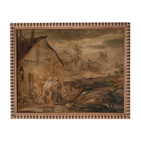 The image is a painting depicting a rural scene with a small house, a person, and a horse in the foreground.
