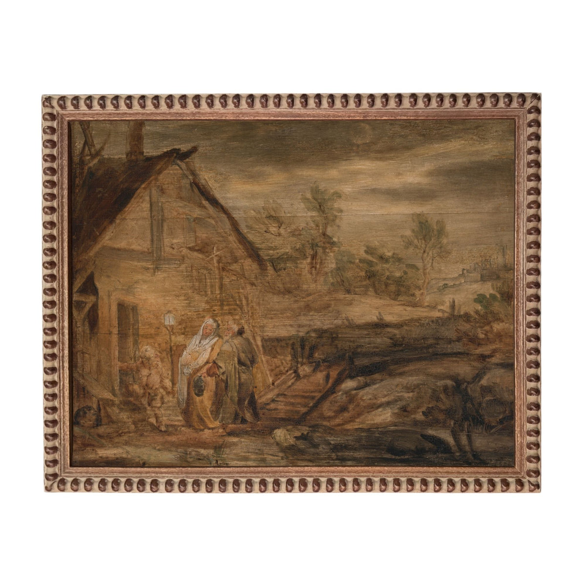 The image is a painting depicting a rural scene with a small house, a person, and a horse in the foreground.