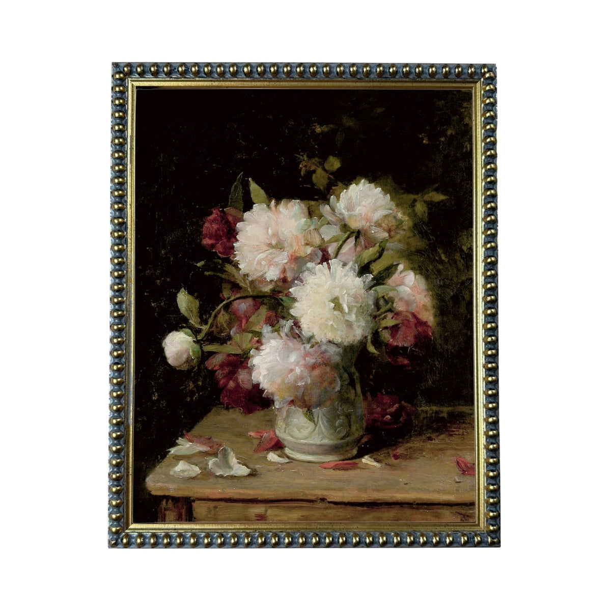 A framed painting depicting a vase filled with white and pink flowers, placed on a wooden table.