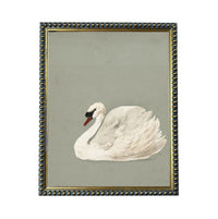 A framed painting of a white swan with a red beak, sitting on a light green background.