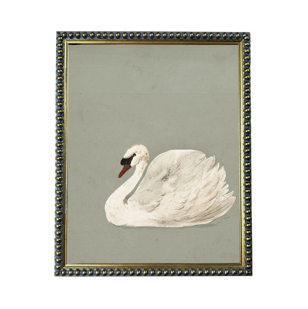 A framed painting of a white swan with a red beak, sitting on a light green background.