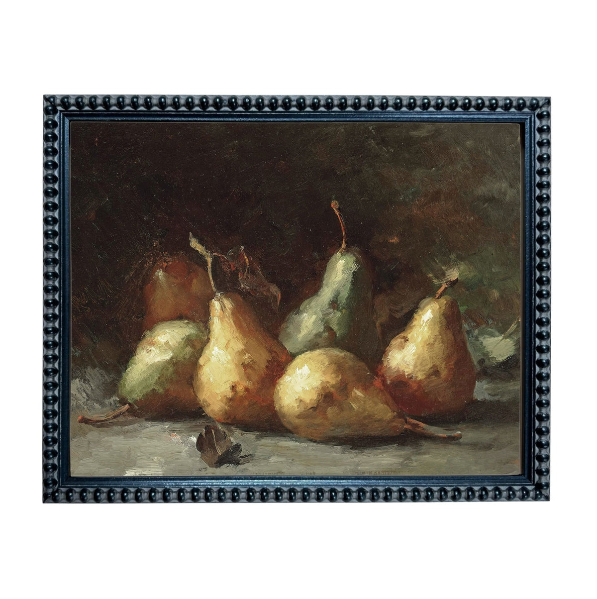 The image is a painting of several pears arranged in a still life composition.