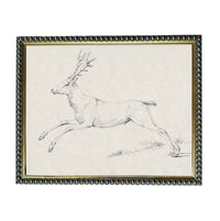 A black and white sketch of a deer in mid-leap, captured in a detailed and realistic style.