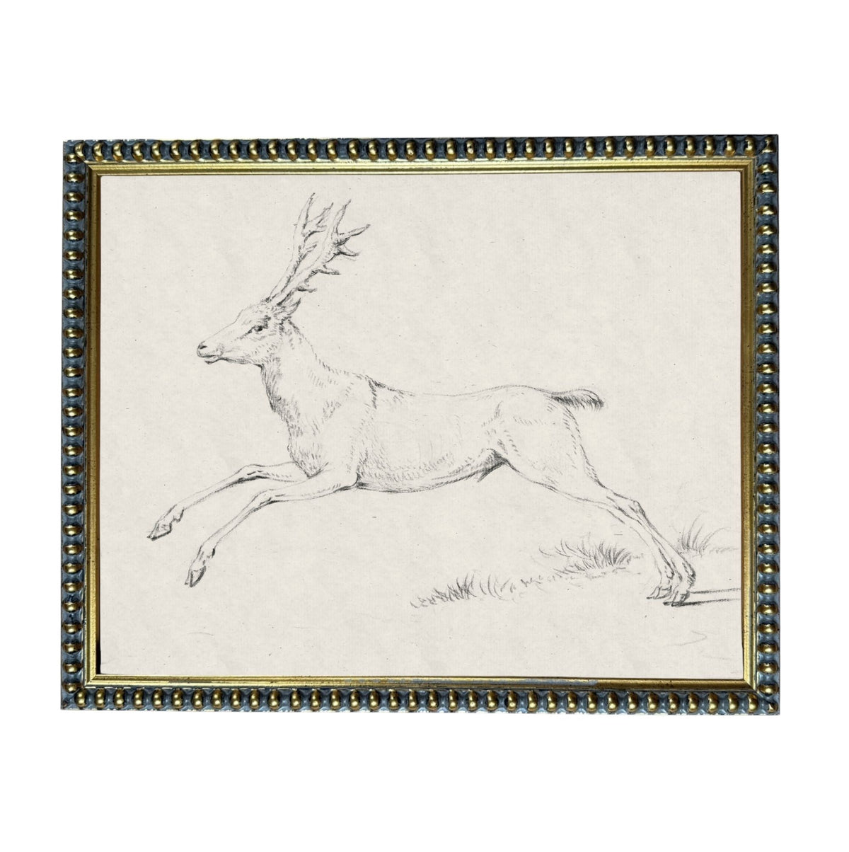 A black and white sketch of a deer in mid-leap, captured in a detailed and realistic style.