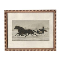 A man is riding a sleigh pulled by two horses across a snowy landscape.