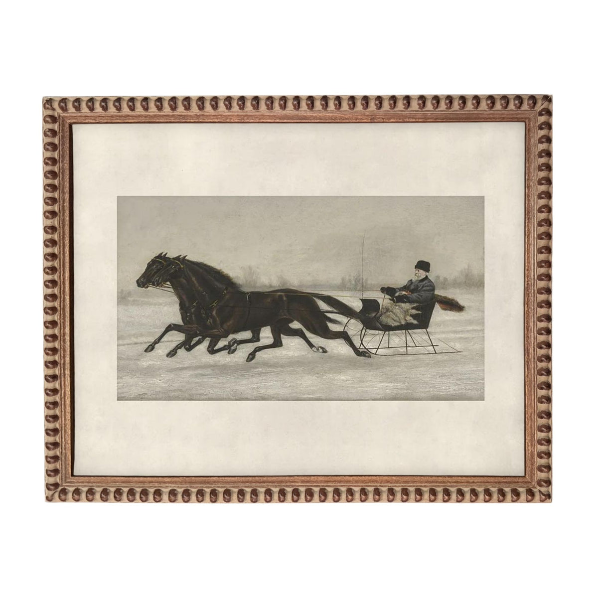 A man is riding a sleigh pulled by two horses across a snowy landscape.