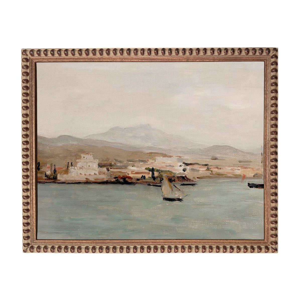 The image is a painting depicting a serene harbor scene with boats and buildings in the background.
