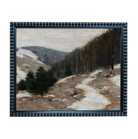 The image is a framed painting depicting a snowy mountain landscape with a winding path leading through the scene.