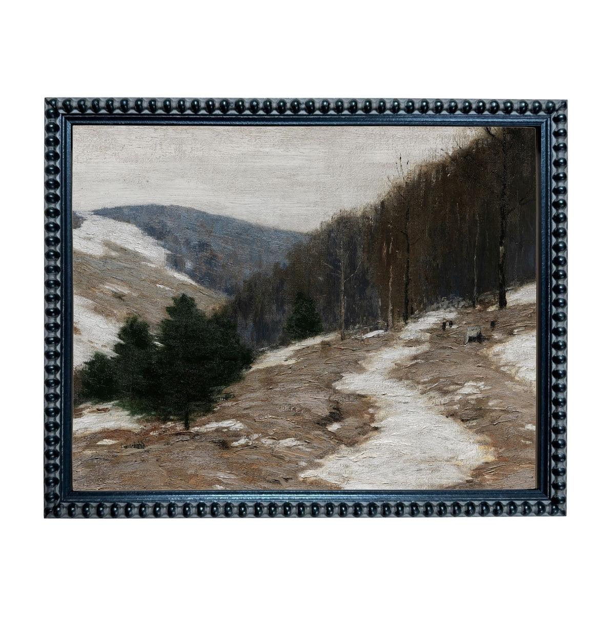 The image is a framed painting depicting a snowy mountain landscape with a winding path leading through the scene.