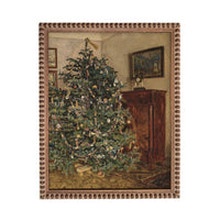 A large, elaborately decorated Christmas tree stands in the corner of a room, surrounded by various ornaments and lights.