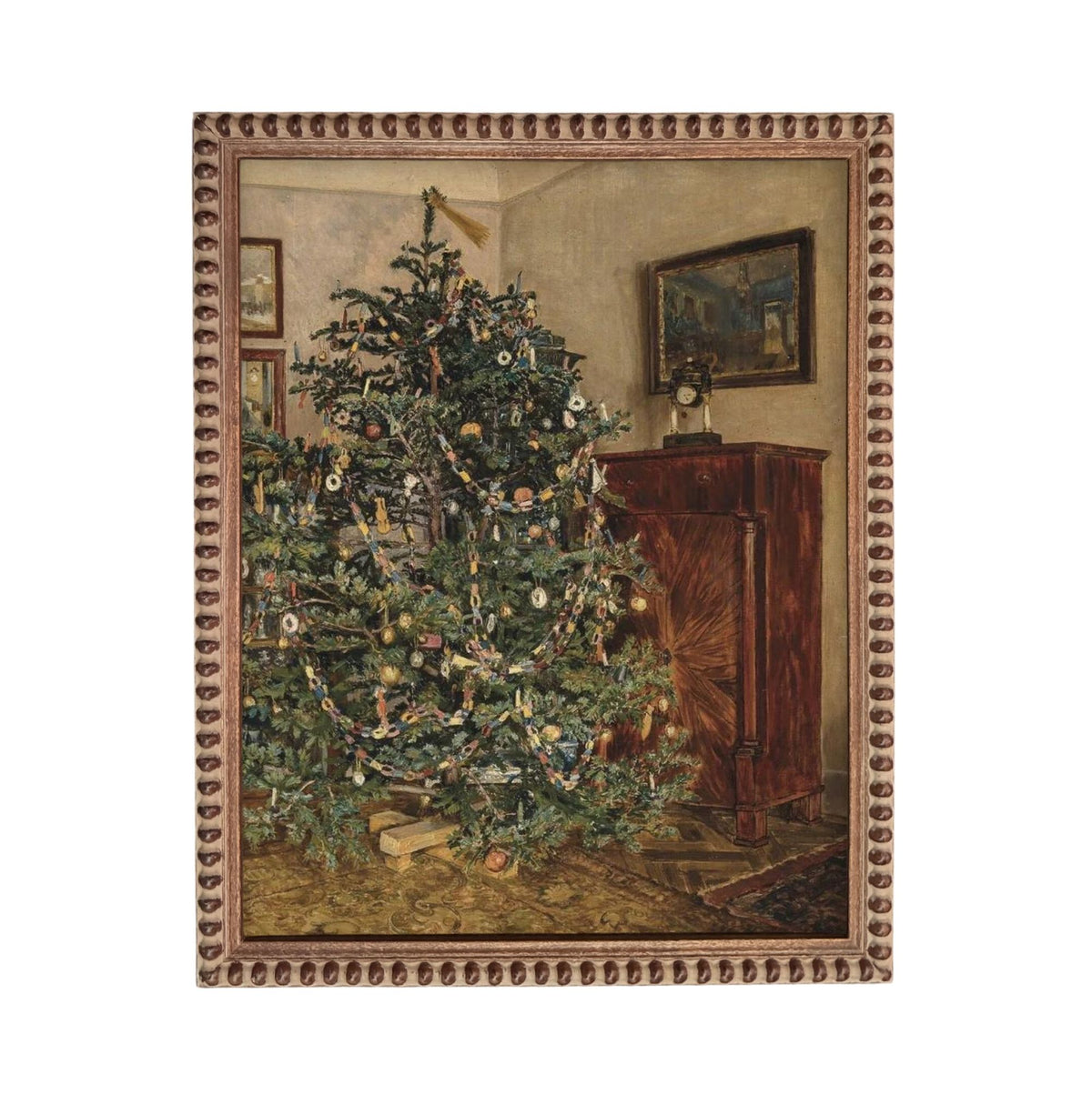 A large, elaborately decorated Christmas tree stands in the corner of a room, surrounded by various ornaments and lights.