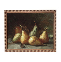 The image is a painting of five pears arranged on a surface, with a dark background.