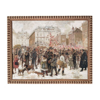 The image is an oil painting depicting a crowded city street scene with people, animals, and buildings in the background.