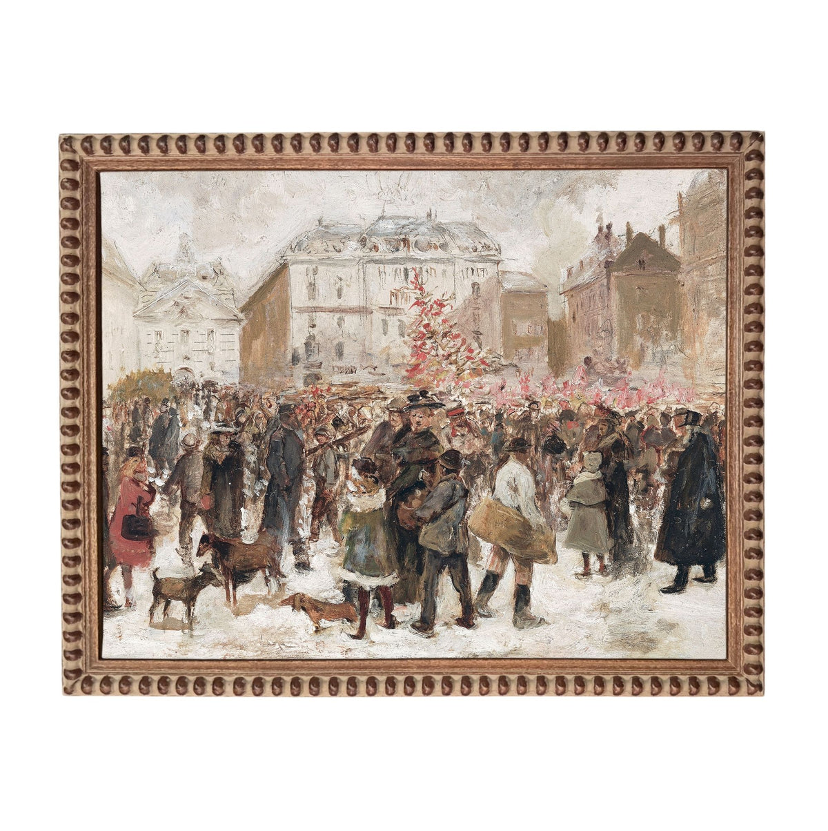 The image is an oil painting depicting a crowded city street scene with people, animals, and buildings in the background.