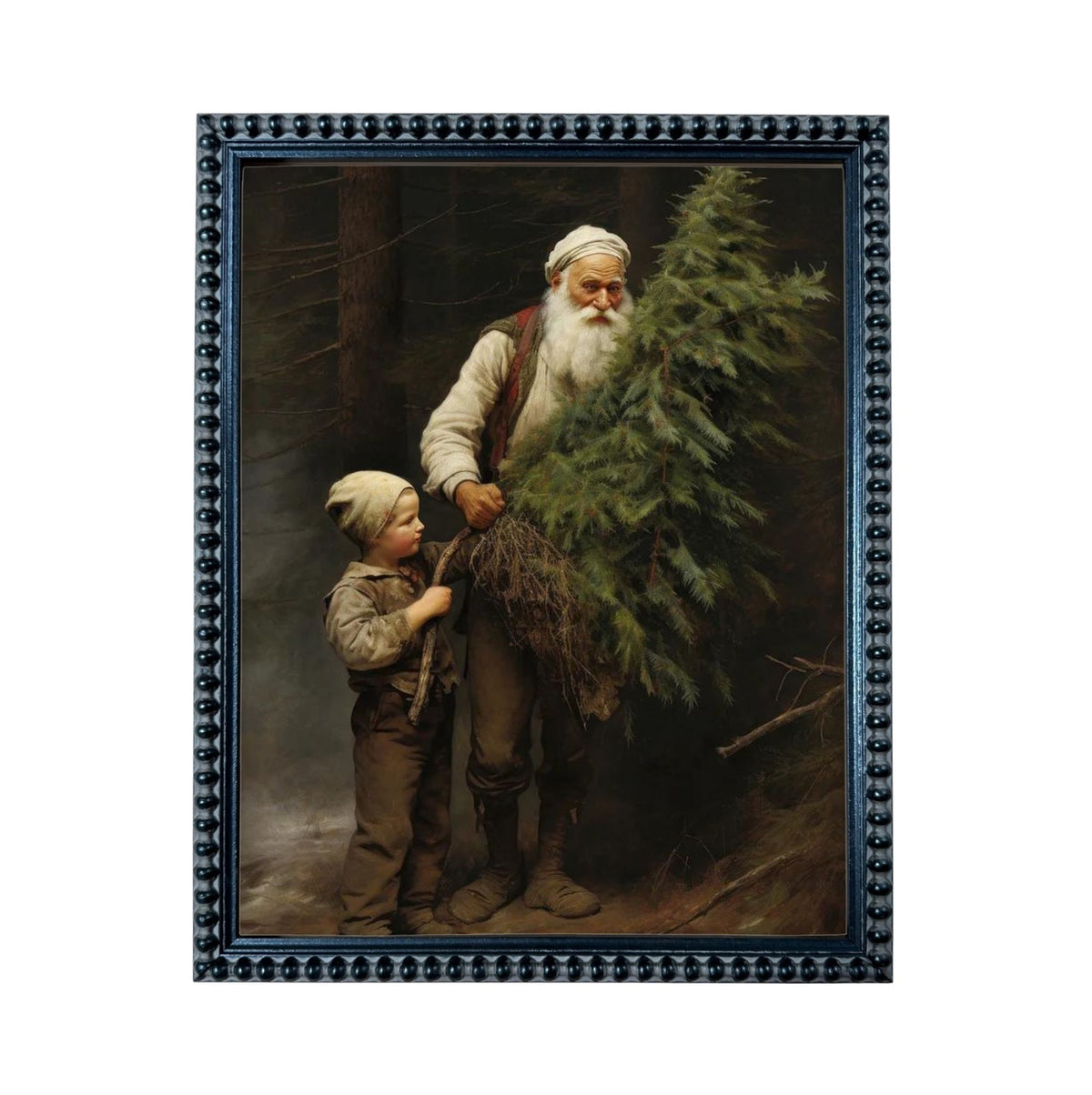 A painting of Santa Claus holding a large evergreen tree, with a young boy standing next to him.