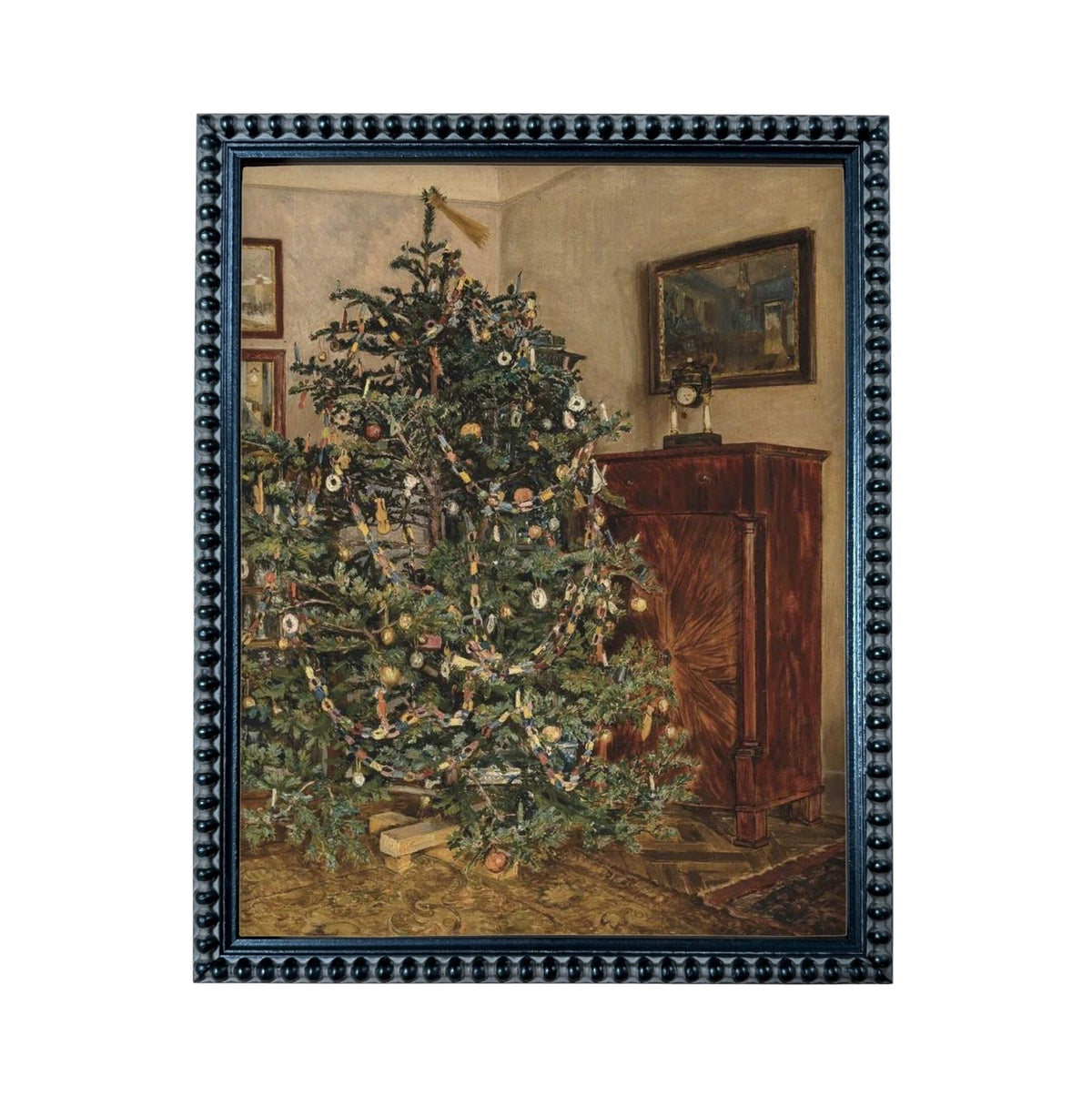 A large, elaborately decorated Christmas tree stands in the corner of a room, surrounded by various ornaments and lights.