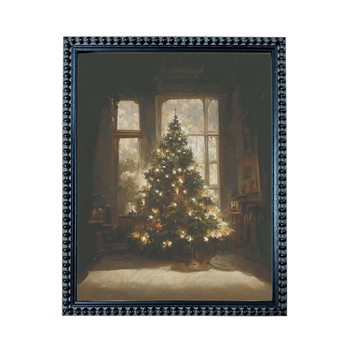 A large, beautifully decorated Christmas tree stands in a cozy room, its twinkling lights casting a warm glow throughout the space.