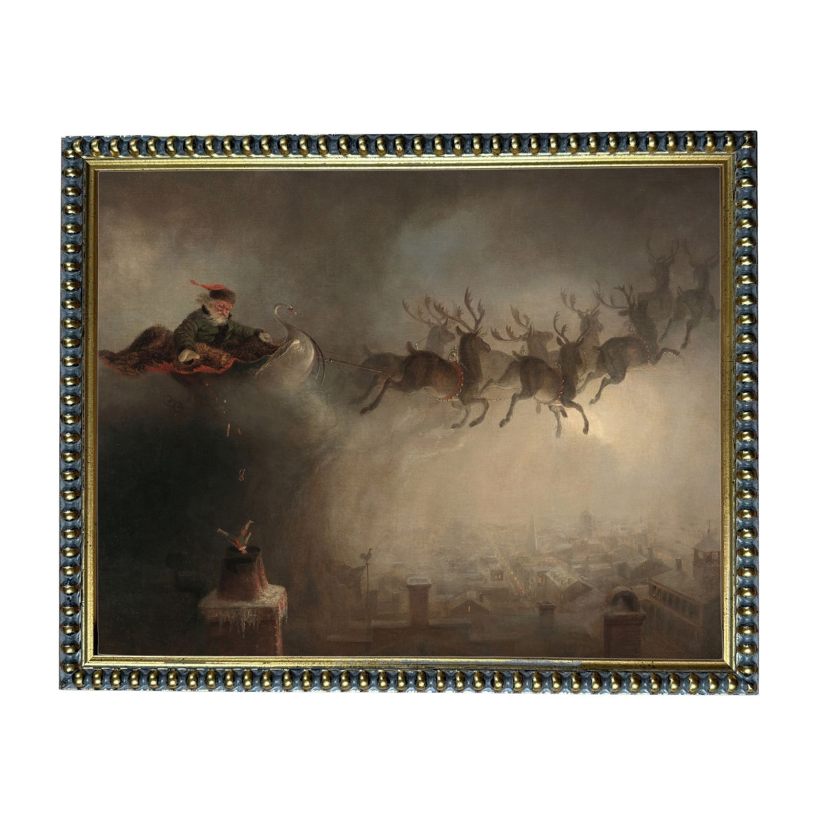 A painting depicting Santa Claus riding a sleigh pulled by reindeer, flying over a cityscape.