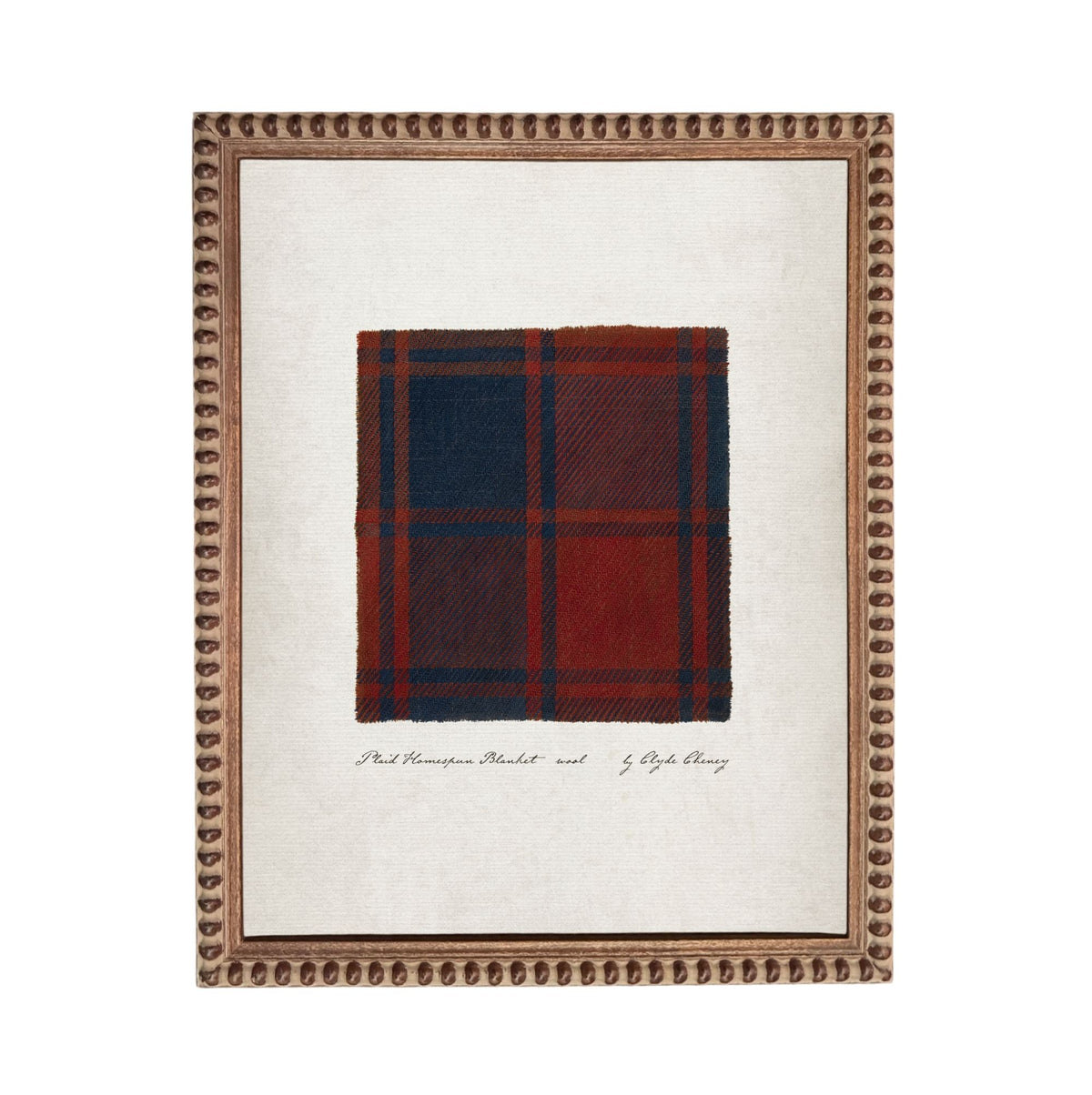 a framed print of a tartan blanket with a red and blue plaid pattern.