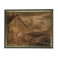 The image is a painting depicting a rural scene with a small house, people, and a horse in the foreground.