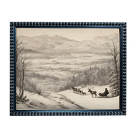 A black and white illustration of a snowy landscape with a person riding a sled pulled by reindeer.