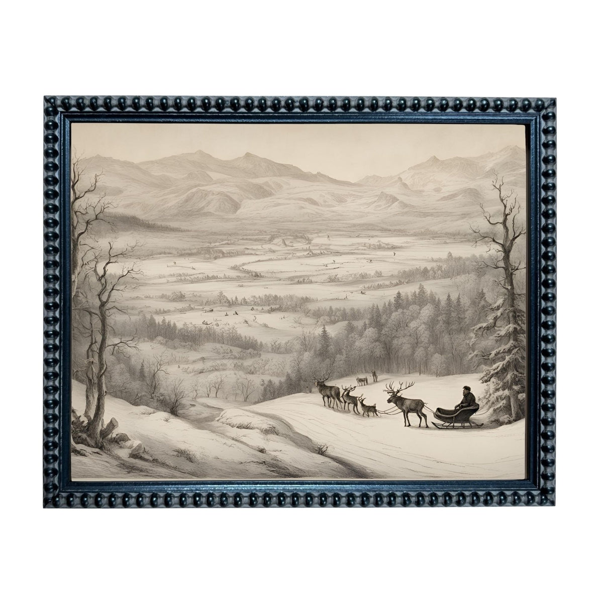 A black and white illustration of a snowy landscape with a person riding a sled pulled by reindeer.