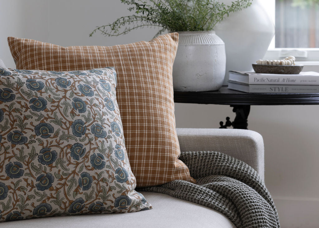 Designer "Gilford" Blue Floral Block Linen Pillow Cover