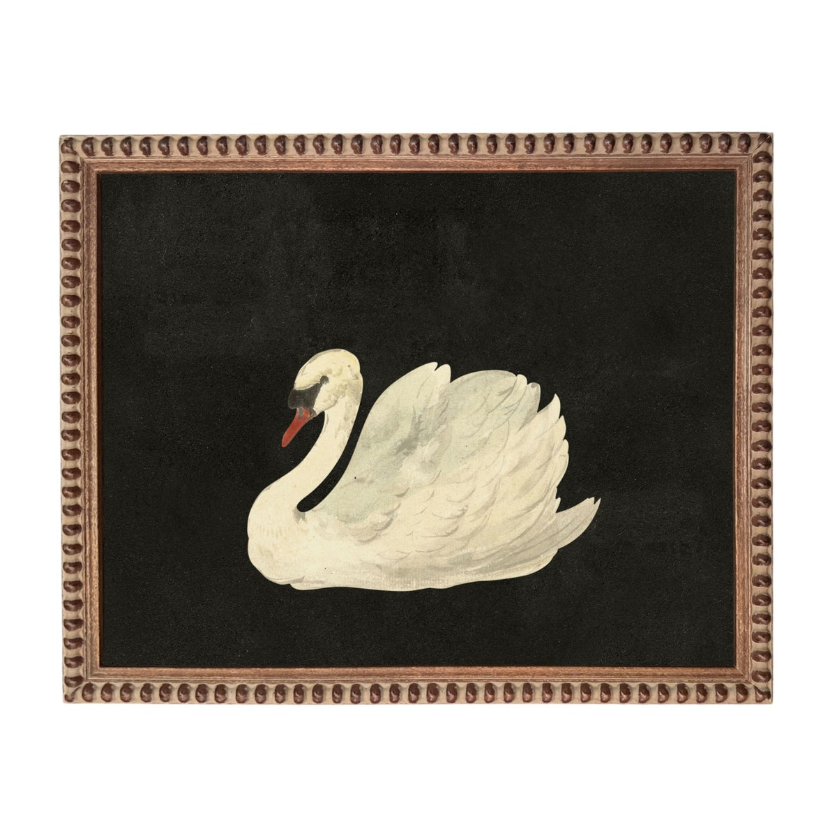 A painting of a swan in a black background, framed in an ornate brown frame.