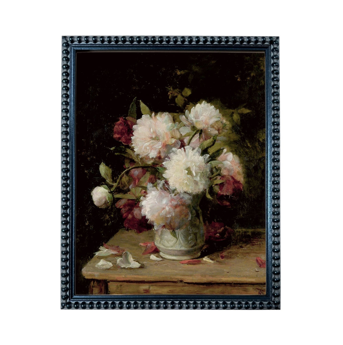 A framed painting depicting a vase filled with white and pink flowers, placed on a wooden table.