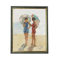 Two women standing on a beach, each holding an umbrella.