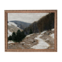 The image is a painting depicting a snowy mountain landscape with a winding path, trees, and a cloudy sky.