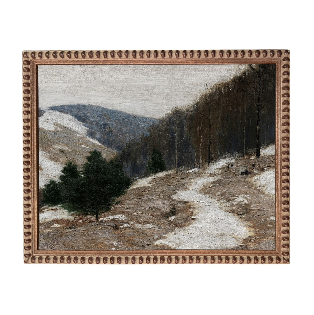 The image is a painting depicting a snowy mountain landscape with a winding path, trees, and a cloudy sky.