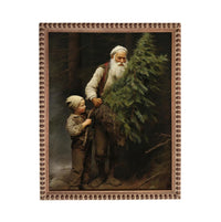 A painting depicting Santa Claus holding a large evergreen tree, with a young boy standing beside him.