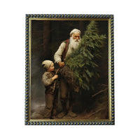 A painting of Santa Claus holding a large evergreen tree, with a young boy standing beside him.
