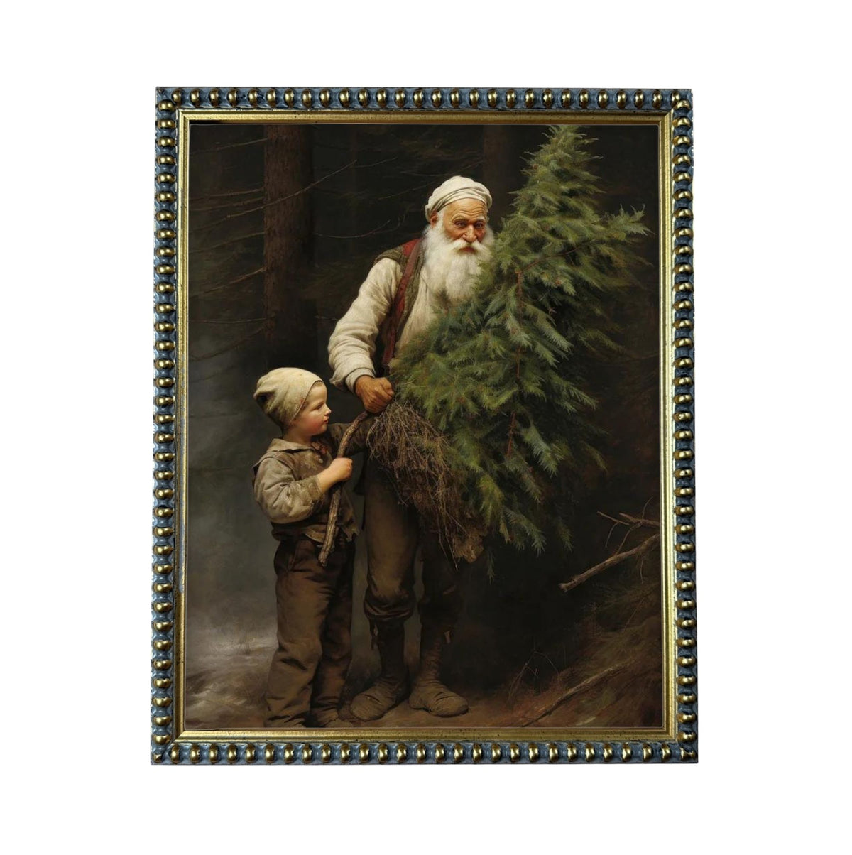 A painting of Santa Claus holding a large evergreen tree, with a young boy standing beside him.