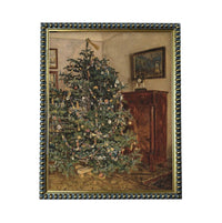 A large, elaborately decorated Christmas tree stands in the corner of a room, surrounded by various ornaments and lights.