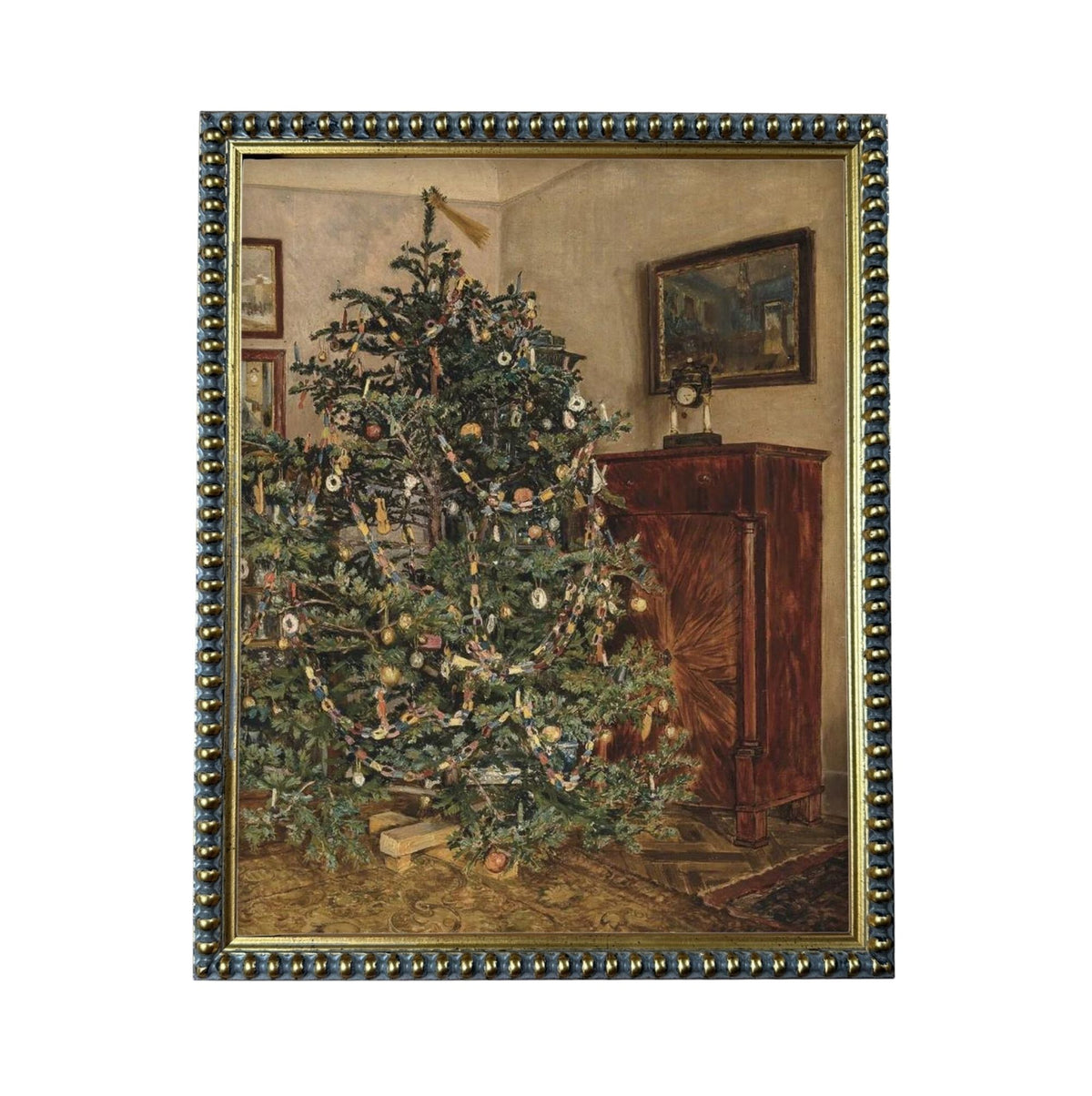 A large, elaborately decorated Christmas tree stands in the corner of a room, surrounded by various ornaments and lights.