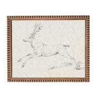 A black and white sketch of a deer in mid-leap, captured in a frame with a decorative border.