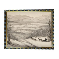 A black and white illustration of a person riding a sled pulled by reindeer in a snowy landscape with mountains in the background.
