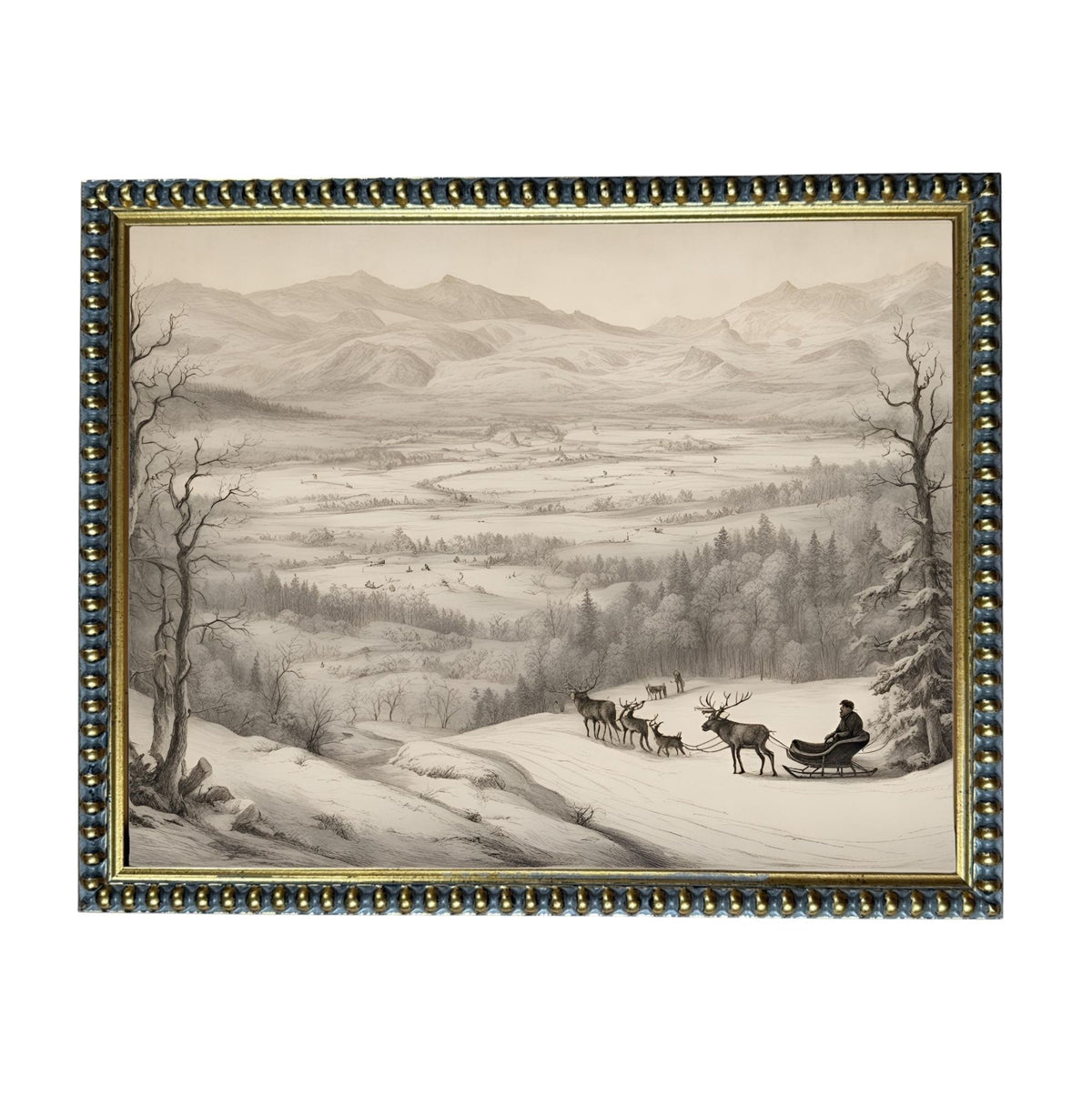 A black and white illustration of a person riding a sled pulled by reindeer in a snowy landscape with mountains in the background.