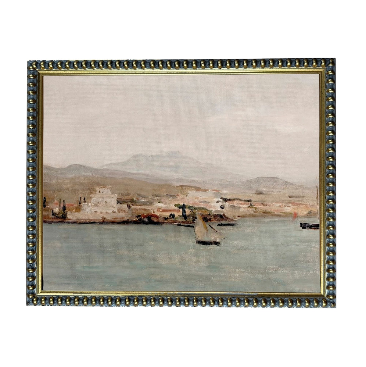 The image is a painting of a harbor scene with boats and buildings in the background.