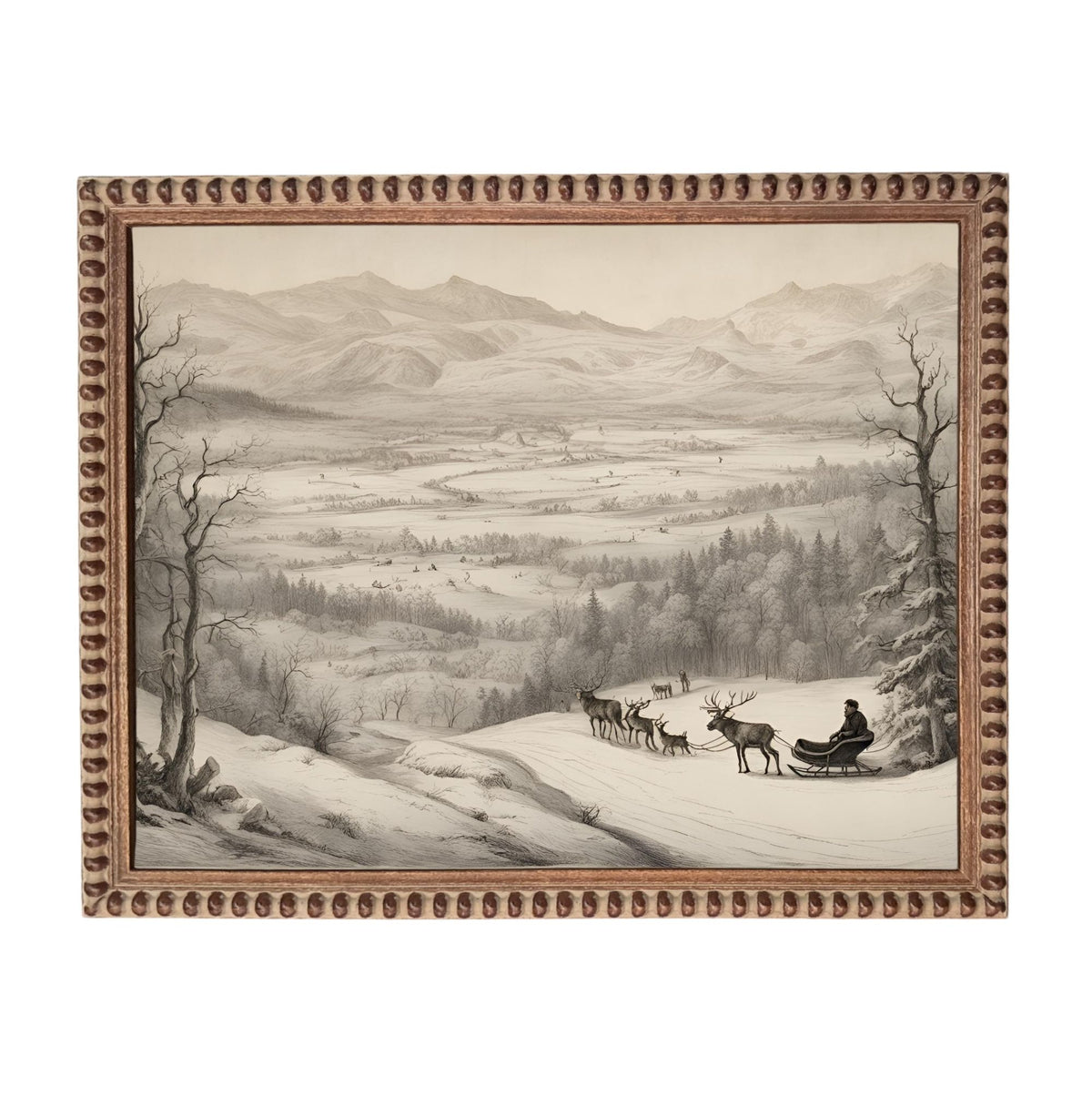 A black and white illustration depicting a person riding a sled pulled by reindeer across a snowy landscape with mountains in the background.